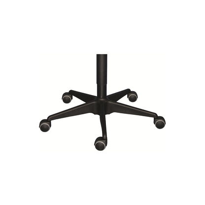 Industrial stool with gas lift height adjustment, tubular steel five-star base with castors, polyurethane foam seat in black.