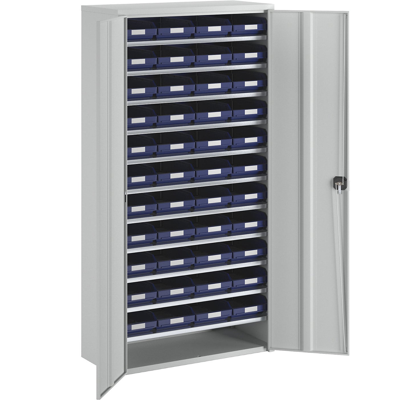 Storage cupboard, HxWxD 1970 x 1000 x 450 mm, with shelf bins, 44 bins, blue.