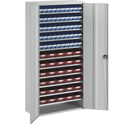 Storage cupboard, HxWxD 1970 x 1000 x 450 mm, with shelf bins, 50 bins blue, 30 bins red.