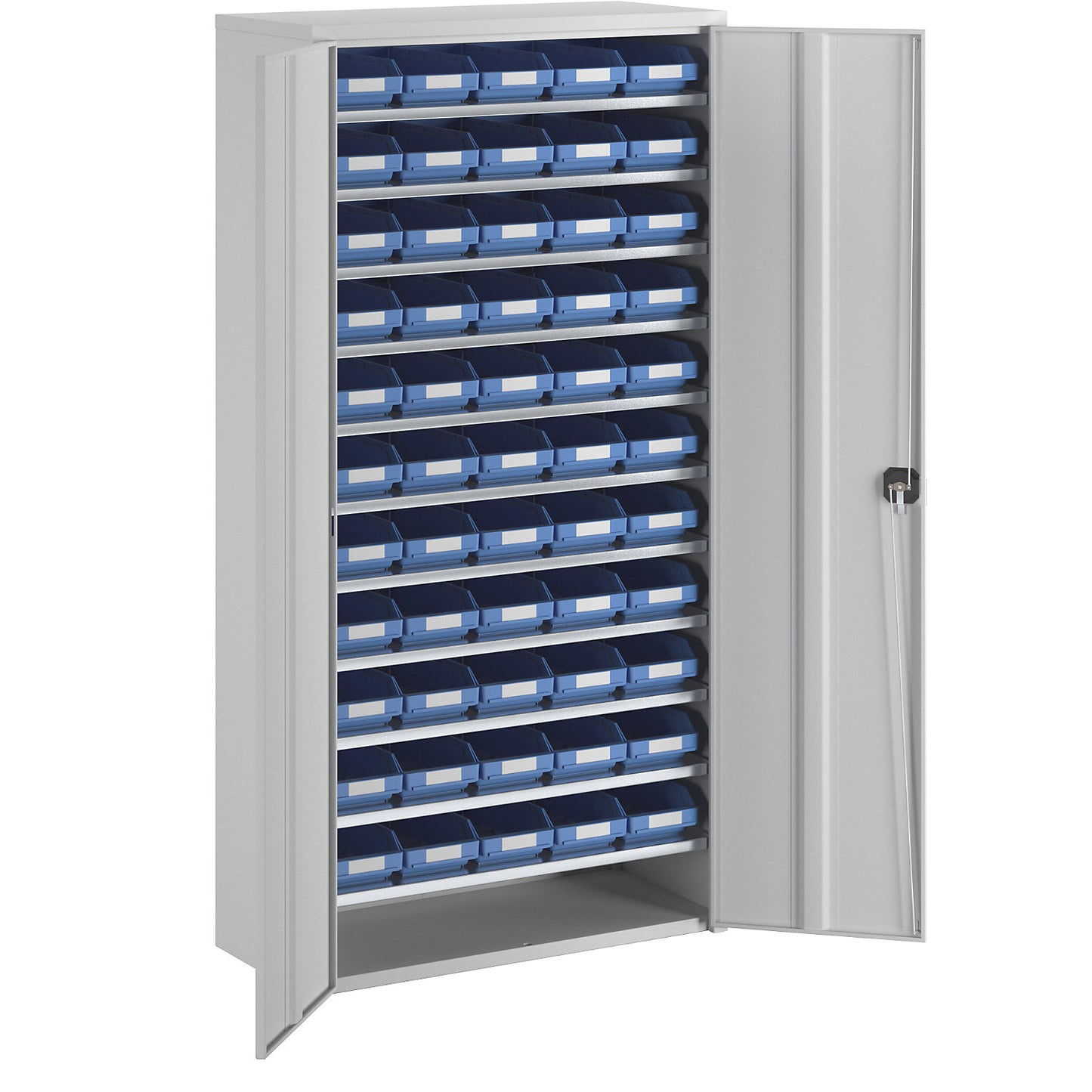 Storage cupboard, HxWxD 1970 x 1000 x 450 mm, with shelf bins, 55 bins, blue.