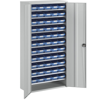 Storage cupboard, HxWxD 1970 x 1000 x 450 mm, with shelf bins, 55 bins, blue.