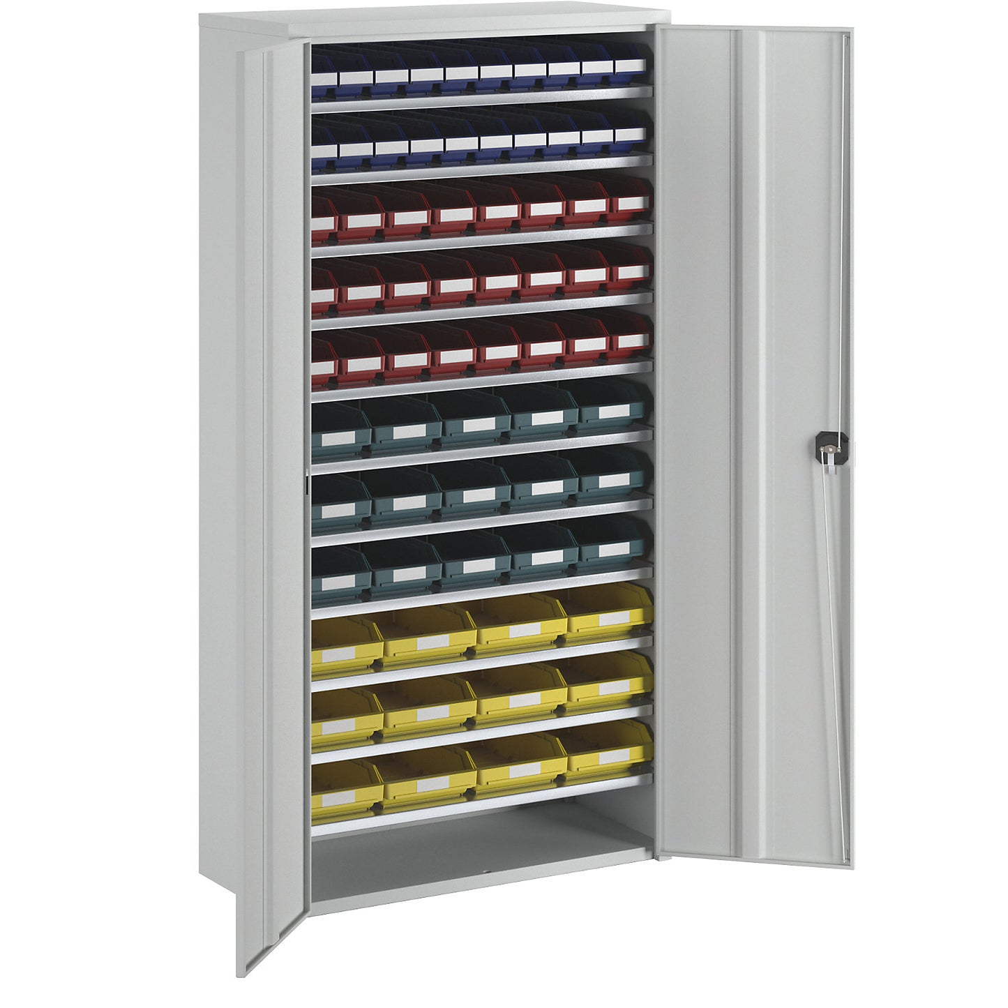 Storage cupboard, HxWxD 1970 x 1000 x 450 mm, with shelf bins, 71 bins in different colours.