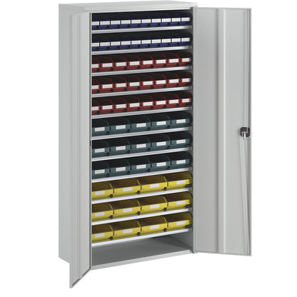 Storage cupboard, HxWxD 1970 x 1000 x 450 mm, with shelf bins, 71 bins in different colours.