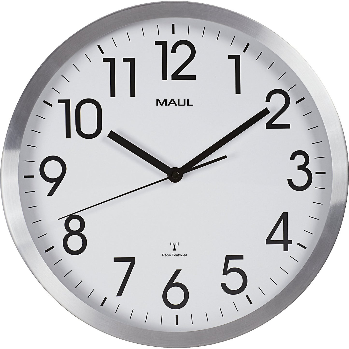 MAULmove wall clock, brushed aluminium, Ø 305 mm, radio synchronised time keeping mechanism.