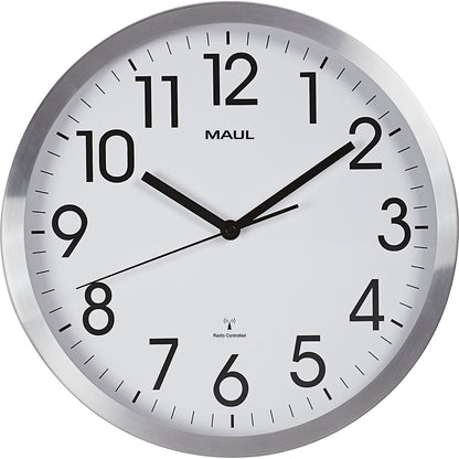 MAULmove wall clock, brushed aluminium, Ø 305 mm, radio synchronised time keeping mechanism.