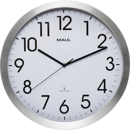 MAULmove wall clock, brushed aluminium, Ø 400 mm, radio synchronised time keeping mechanism.
