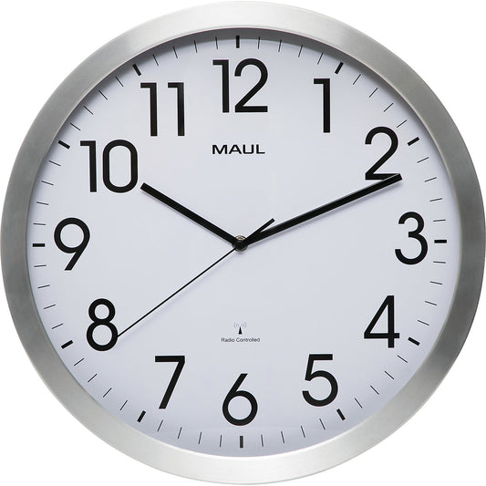 MAULmove wall clock, brushed aluminium, Ø 400 mm, radio synchronised time keeping mechanism.