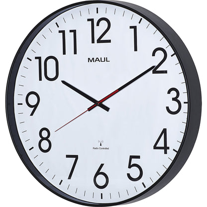 MAULclimb wall clock, Ø 470 mm, made of plastic, black frame, radio synchronised time keeping mechanism.