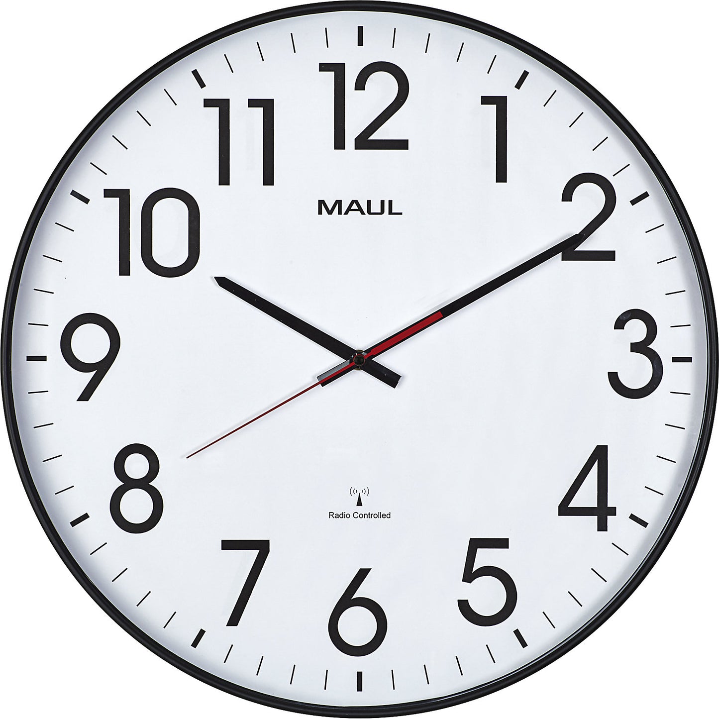 MAULclimb wall clock, Ø 470 mm, made of plastic, black frame, radio synchronised time keeping mechanism.