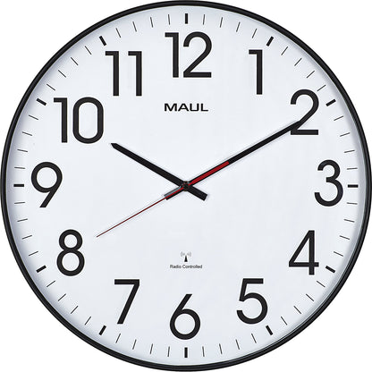 MAULclimb wall clock, Ø 470 mm, made of plastic, black frame, radio synchronised time keeping mechanism.
