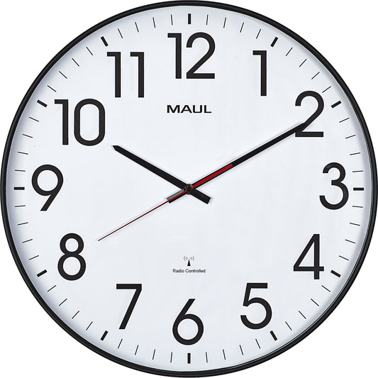 MAULclimb wall clock, Ø 470 mm, made of plastic, black frame, radio synchronised time keeping mechanism.