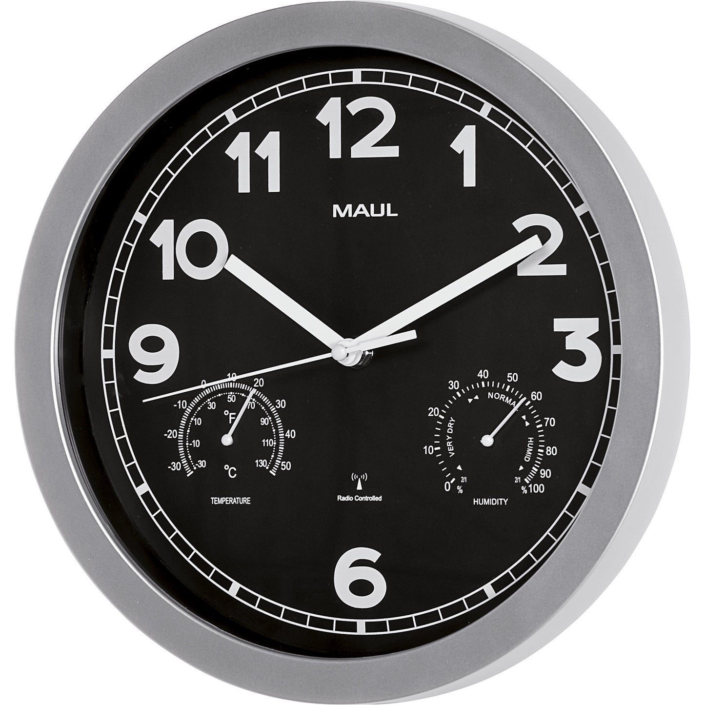 MAULdrive wall clock, Ø 300 mm, made of plastic, frame silver, radio synchronised time keeping mechanism.