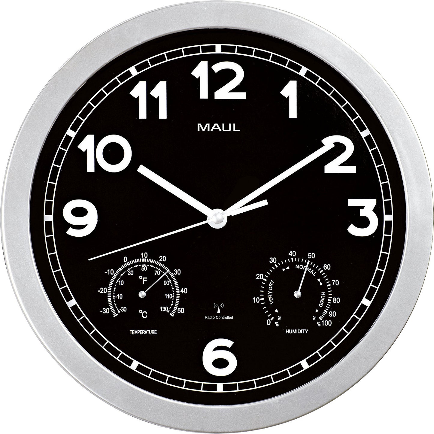 MAULdrive wall clock, Ø 300 mm, made of plastic, frame silver, radio synchronised time keeping mechanism.
