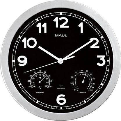 MAULdrive wall clock, Ø 300 mm, made of plastic, frame silver, radio synchronised time keeping mechanism.