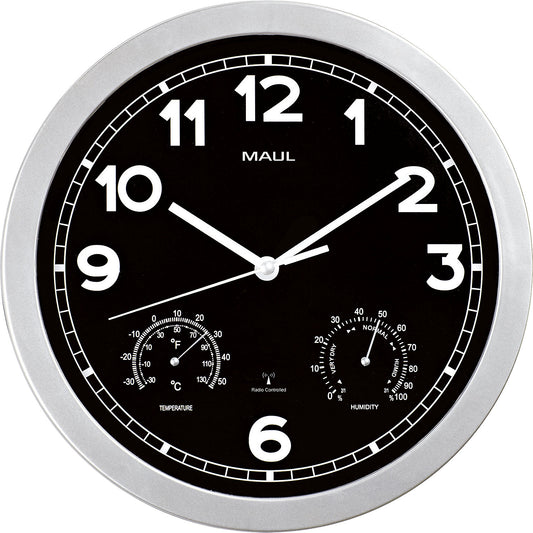 MAULdrive wall clock, Ø 300 mm, made of plastic, frame silver, radio synchronised time keeping mechanism.