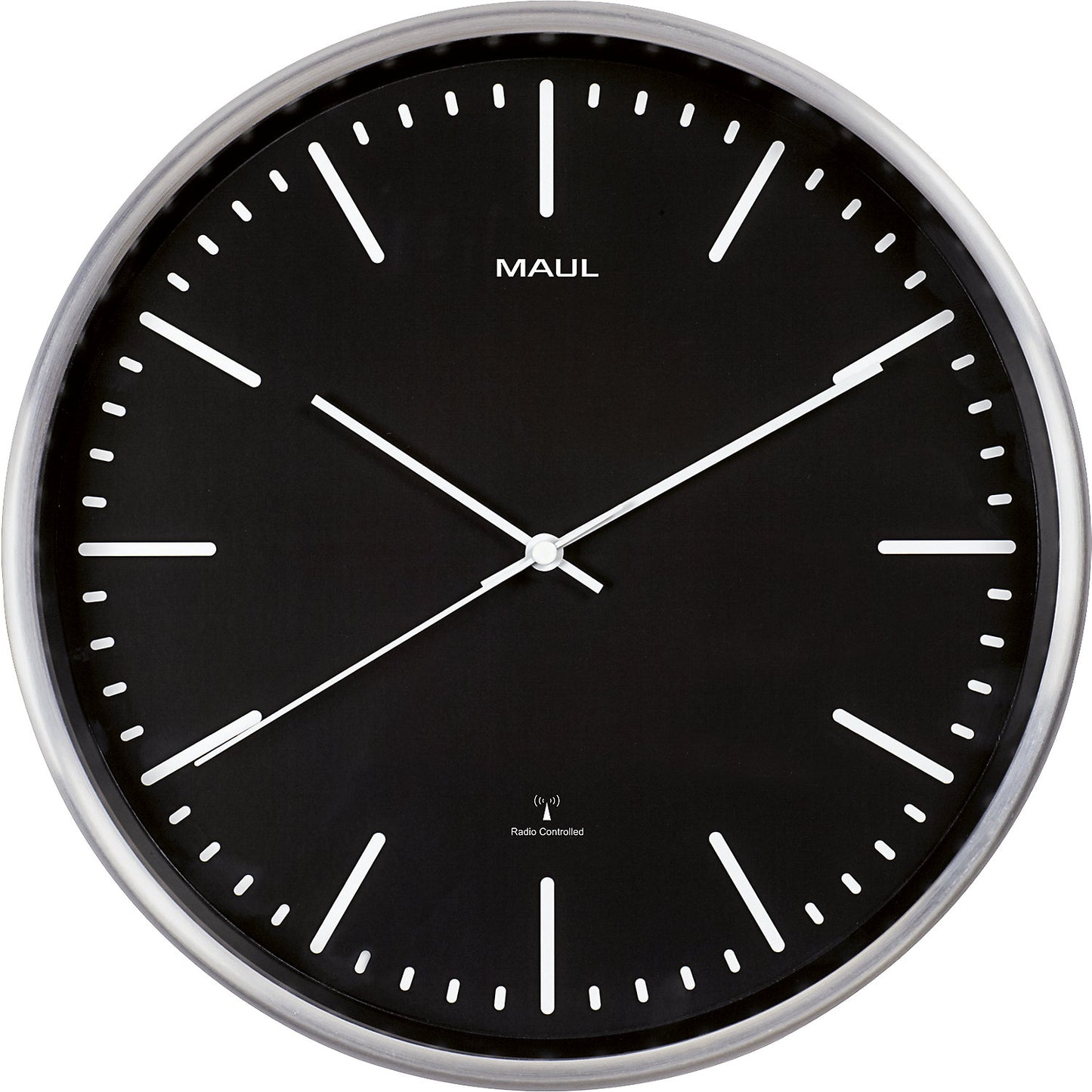 MAULfly wall clock, brushed aluminium, Ø 305 mm, radio synchronised time keeping mechanism, black.