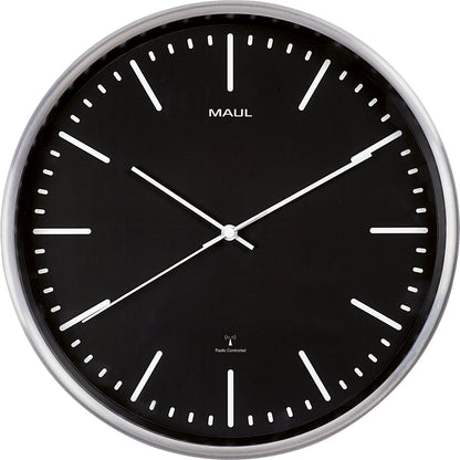 MAULfly wall clock, brushed aluminium, Ø 305 mm, radio synchronised time keeping mechanism, black.