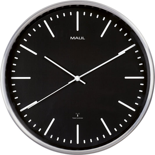 MAULfly wall clock, brushed aluminium, Ø 305 mm, radio synchronised time keeping mechanism, black.