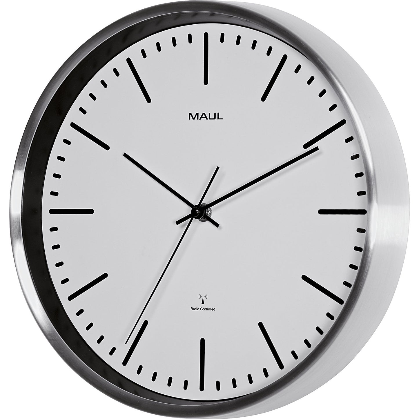 MAULfly wall clock, brushed aluminium, Ø 305 mm, radio synchronised time keeping mechanism, white.
