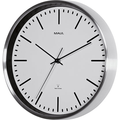 MAULfly wall clock, brushed aluminium, Ø 305 mm, radio synchronised time keeping mechanism, white.
