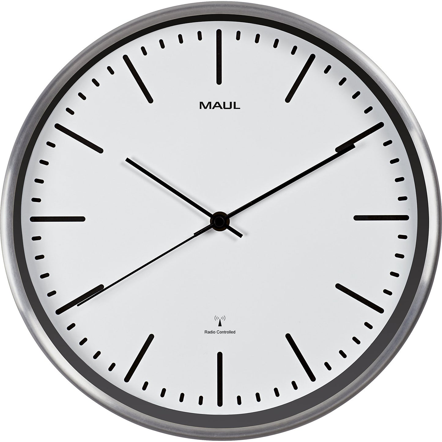 MAULfly wall clock, brushed aluminium, Ø 305 mm, radio synchronised time keeping mechanism, white.