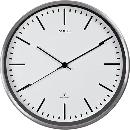 MAULfly wall clock, brushed aluminium, Ø 305 mm, radio synchronised time keeping mechanism, white.