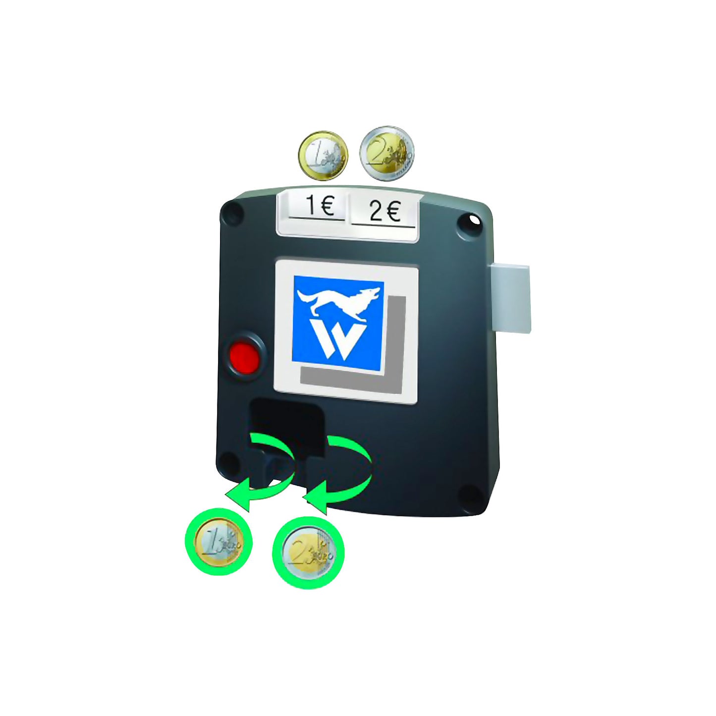 SAFE-O-MAT deposit lock, 2 coin slots, Promax security cylinder lock, 1 user key per lock, extra cost.