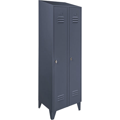 Berlin 2 clothes locker, 2 compartments, blue grey, width 600 mm, sloping roof shape.