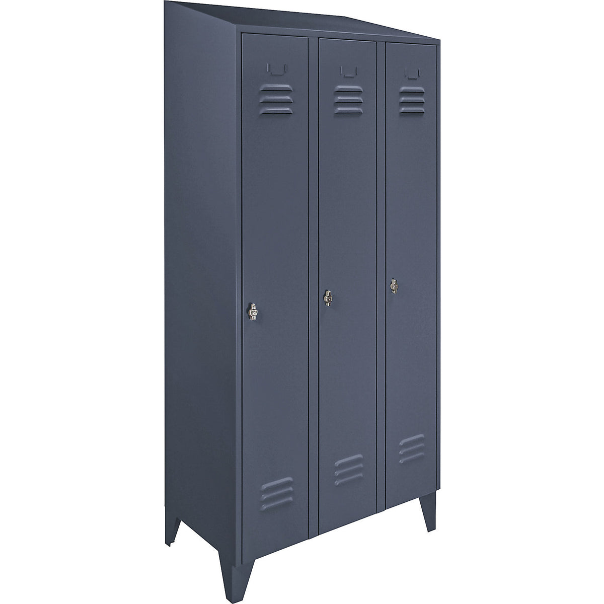 Berlin 2 clothes locker, 3 compartments, blue grey, width 900 mm, sloping roof shape.