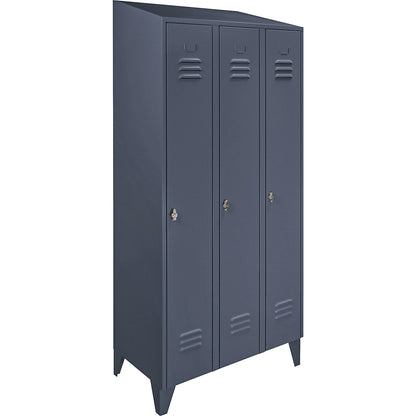 Berlin 2 clothes locker, 3 compartments, blue grey, width 900 mm, sloping roof shape.