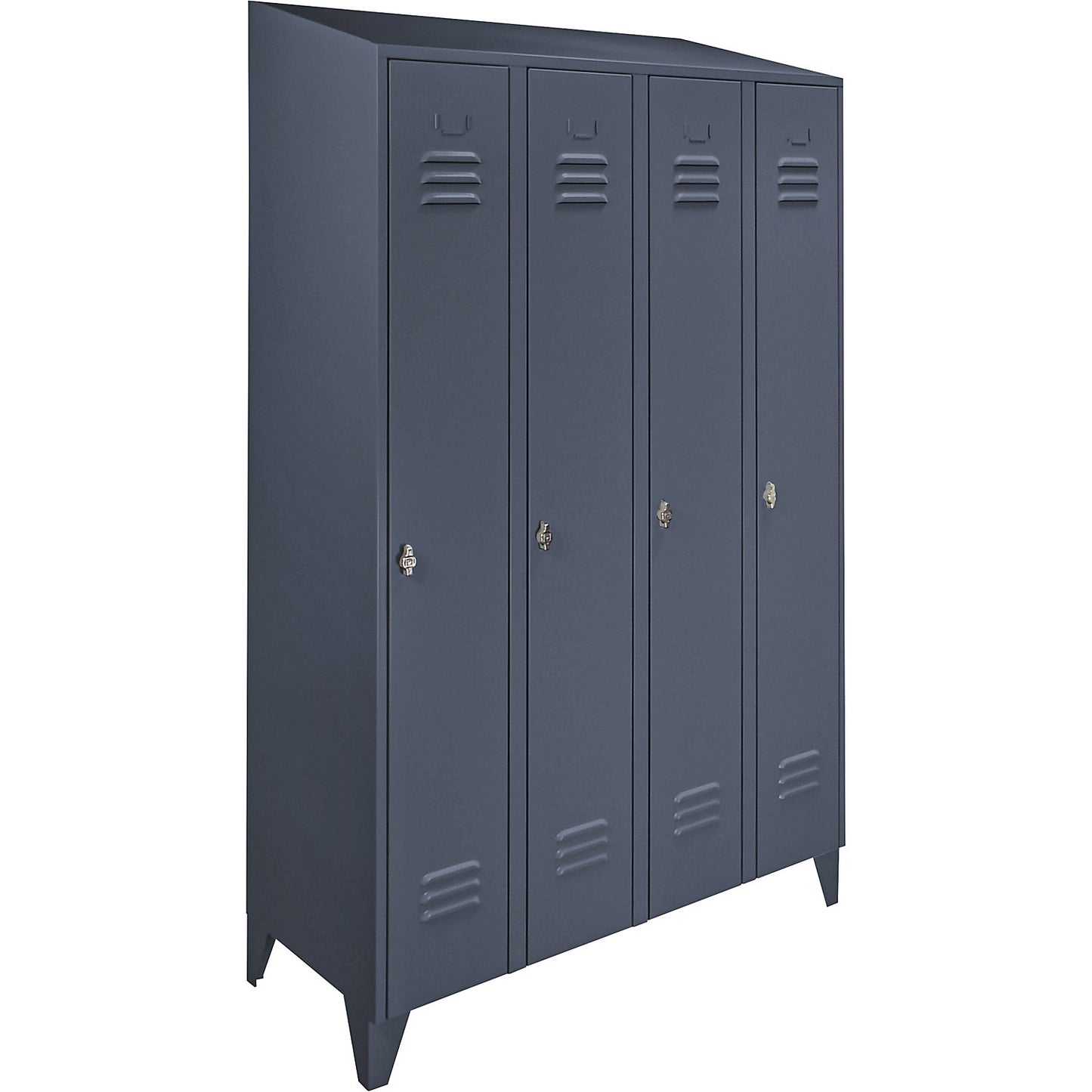 Berlin 2 clothes locker, 4 compartments, blue grey, width 1200 mm, sloping roof shape.