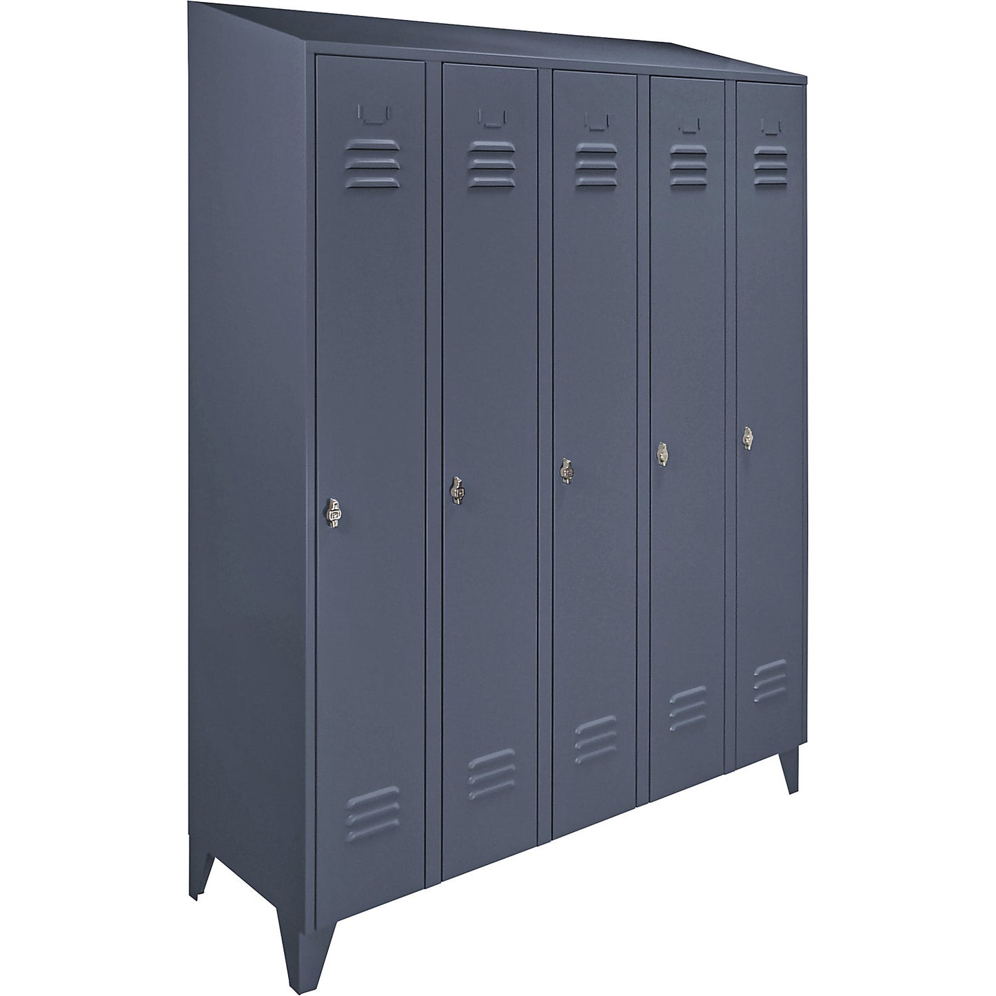 Berlin 2 clothes locker, 5 compartments, blue grey, width 1500 mm, sloping roof shape.