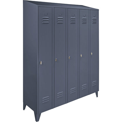 Berlin 2 clothes locker, 5 compartments, blue grey, width 1500 mm, sloping roof shape.