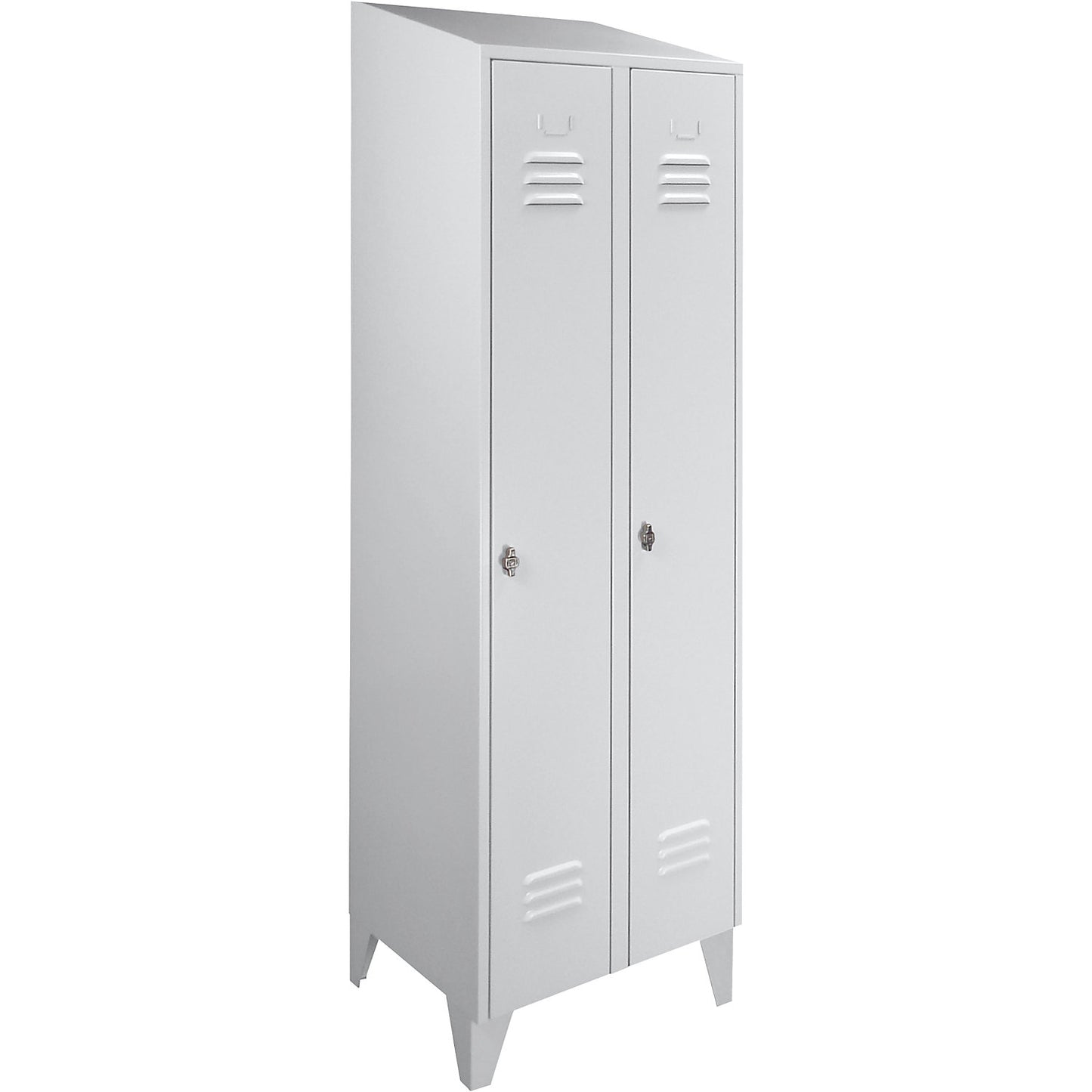 Berlin 2 clothes locker, 2 compartments, light grey, width 600 mm, sloping roof shape.
