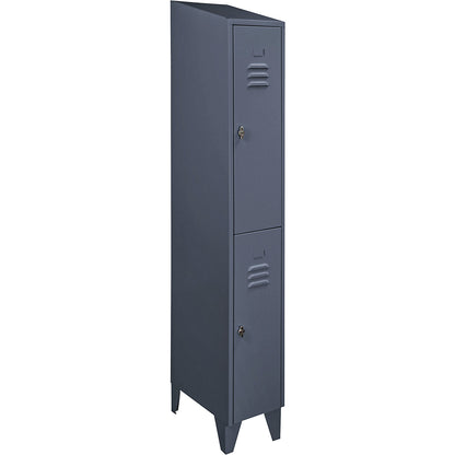 Berlin 2 double deck clothes locker, 1 compartment, blue grey, width 300 mm, sloping roof shape.