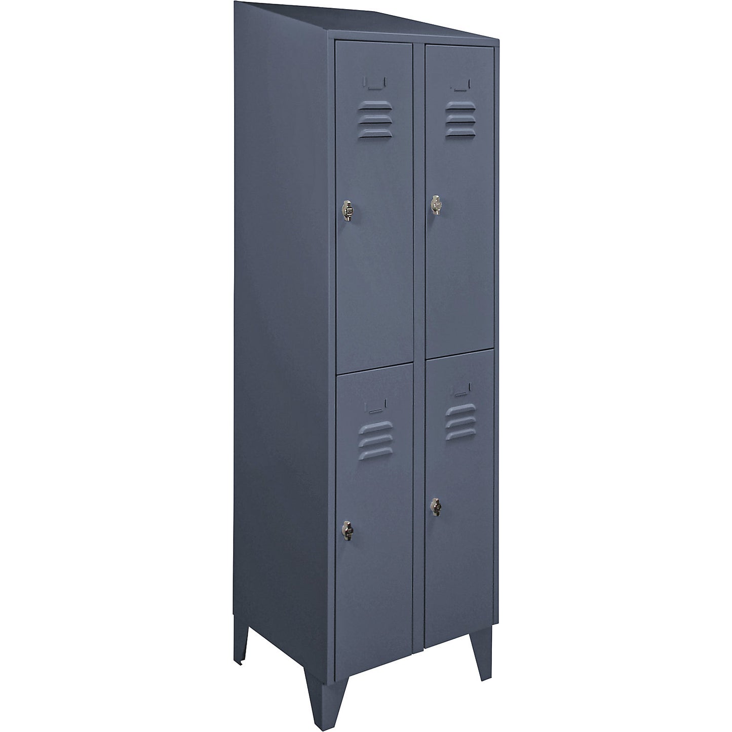 Berlin 2 double deck clothes locker, 2 compartments, blue grey, width 600 mm, sloping roof shape.