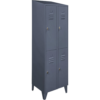 Berlin 2 double deck clothes locker, 2 compartments, blue grey, width 600 mm, sloping roof shape.