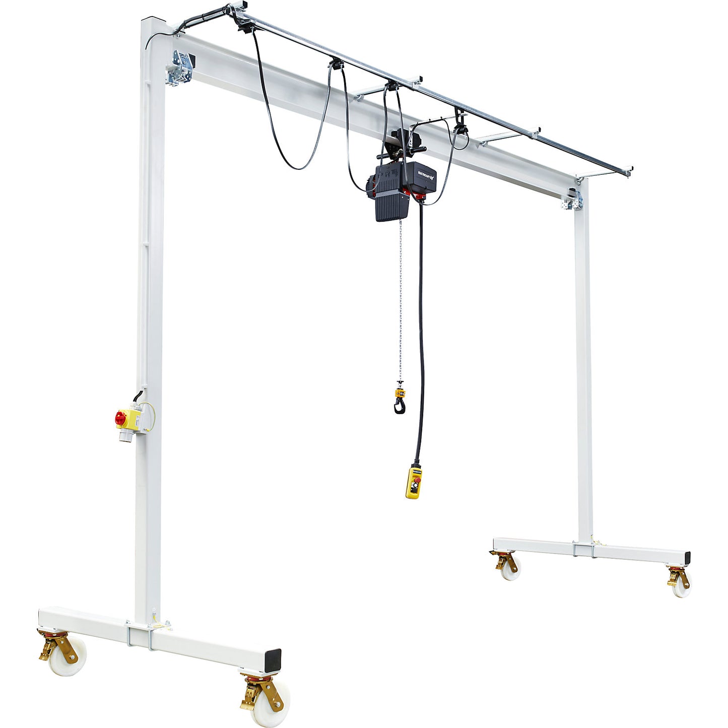 Steel mobile gantry crane PA, electric chain hoist and manual drive trolley, max. load 1000 kg, clearance width 5000 mm.