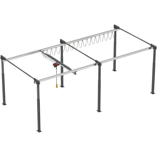 ErgoLine® gantry crane system, with electric chain hoist, max. load 500 kg, width 5.8 m.