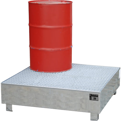 Steel sump tray, LxWxH 1200 x 1200 x 415 mm, collection capacity 401 l, with grate.