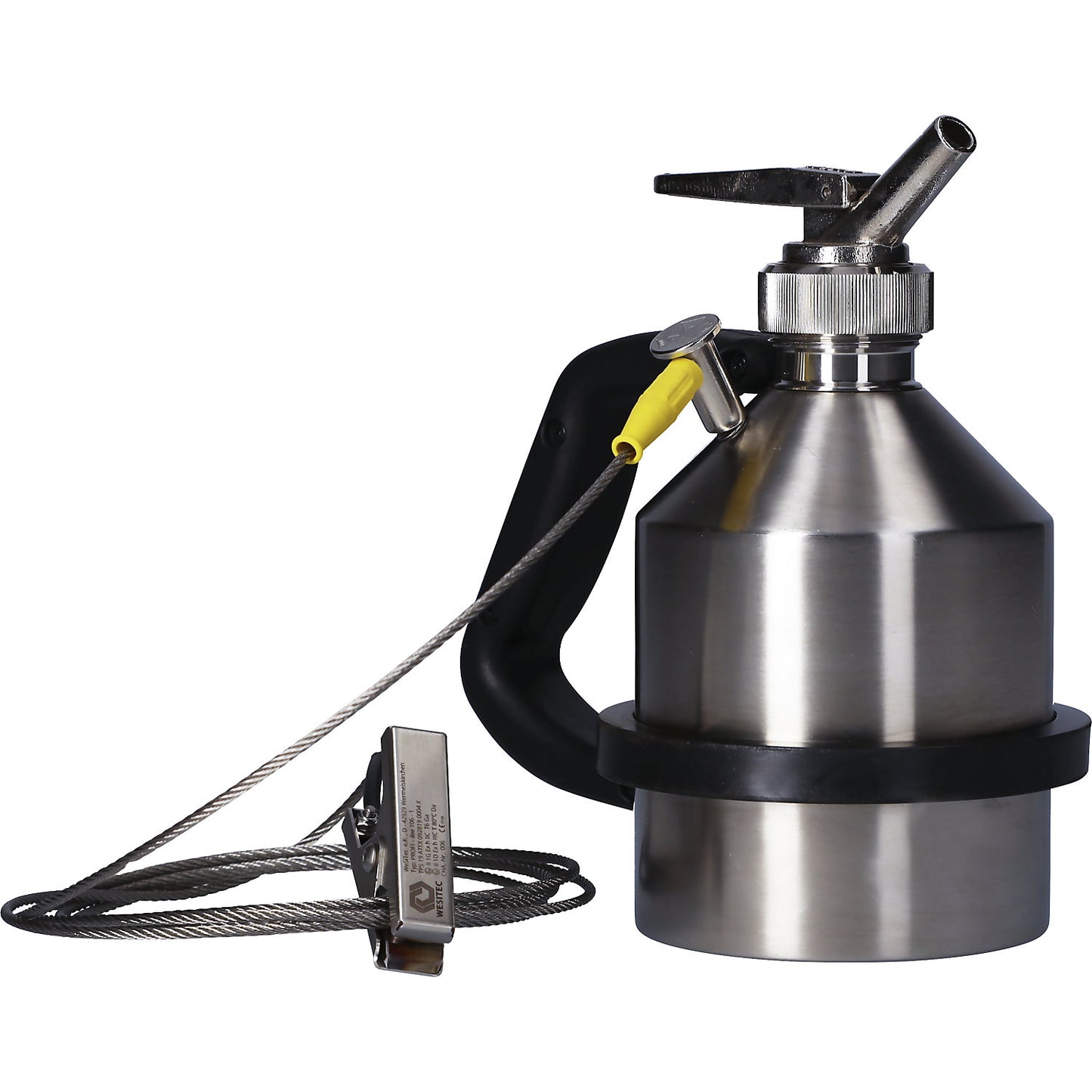 Stainless steel safety dispensing container, with fine dosage tap and earth connection, capacity 1 l.