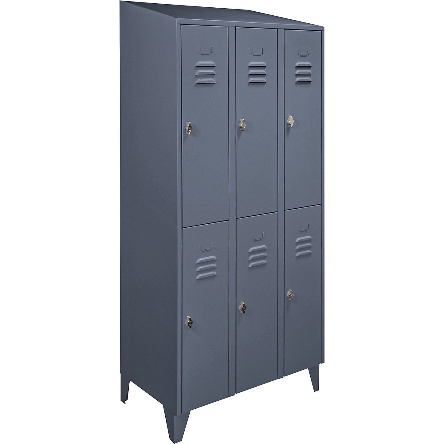 Berlin 2 double deck clothes locker, 3 compartments, blue grey, width 900 mm, sloping roof shape.