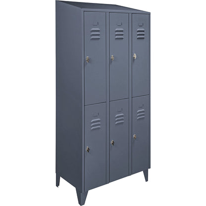 Berlin 2 double deck clothes locker, 3 compartments, blue grey, width 900 mm, sloping roof shape.