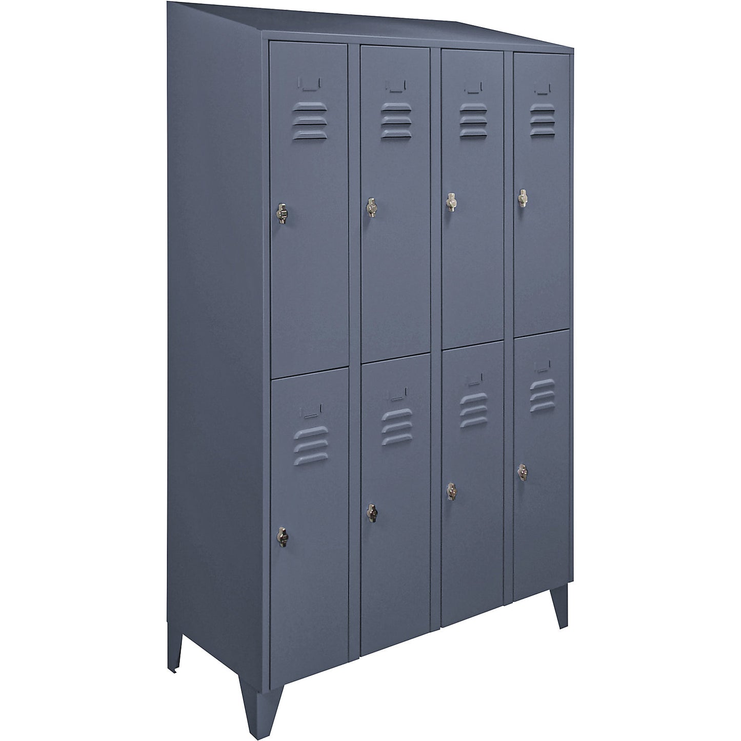 Berlin 2 double deck clothes locker, 4 compartments, blue grey, width 1200 mm, sloping roof shape.