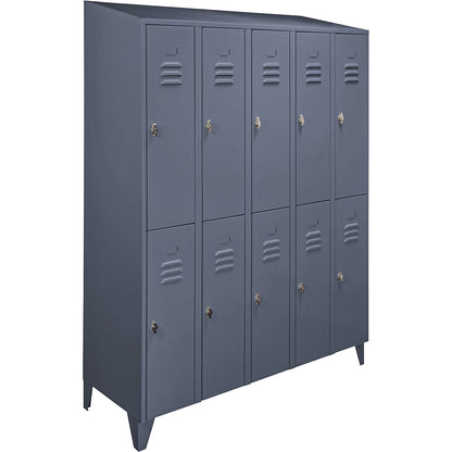Berlin 2 double deck clothes locker, 5 compartments, blue grey, width 1500 mm, sloping roof shape.