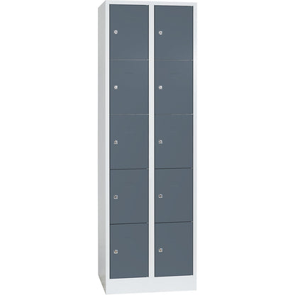 Dresden 5-fold compartment locker, 2 compartments, light grey / basalt grey, W 600 mm, with base plinth.