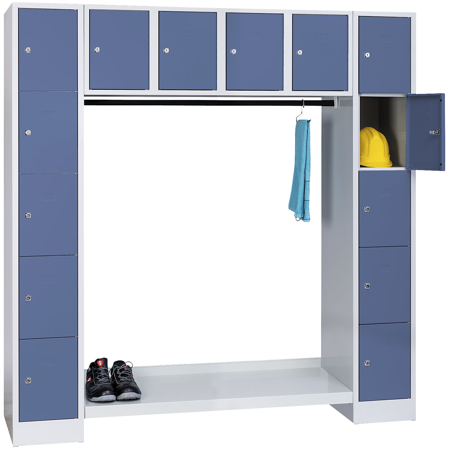 Dresden cloakroom locker system, 14 compartments, light grey / pigeon blue.