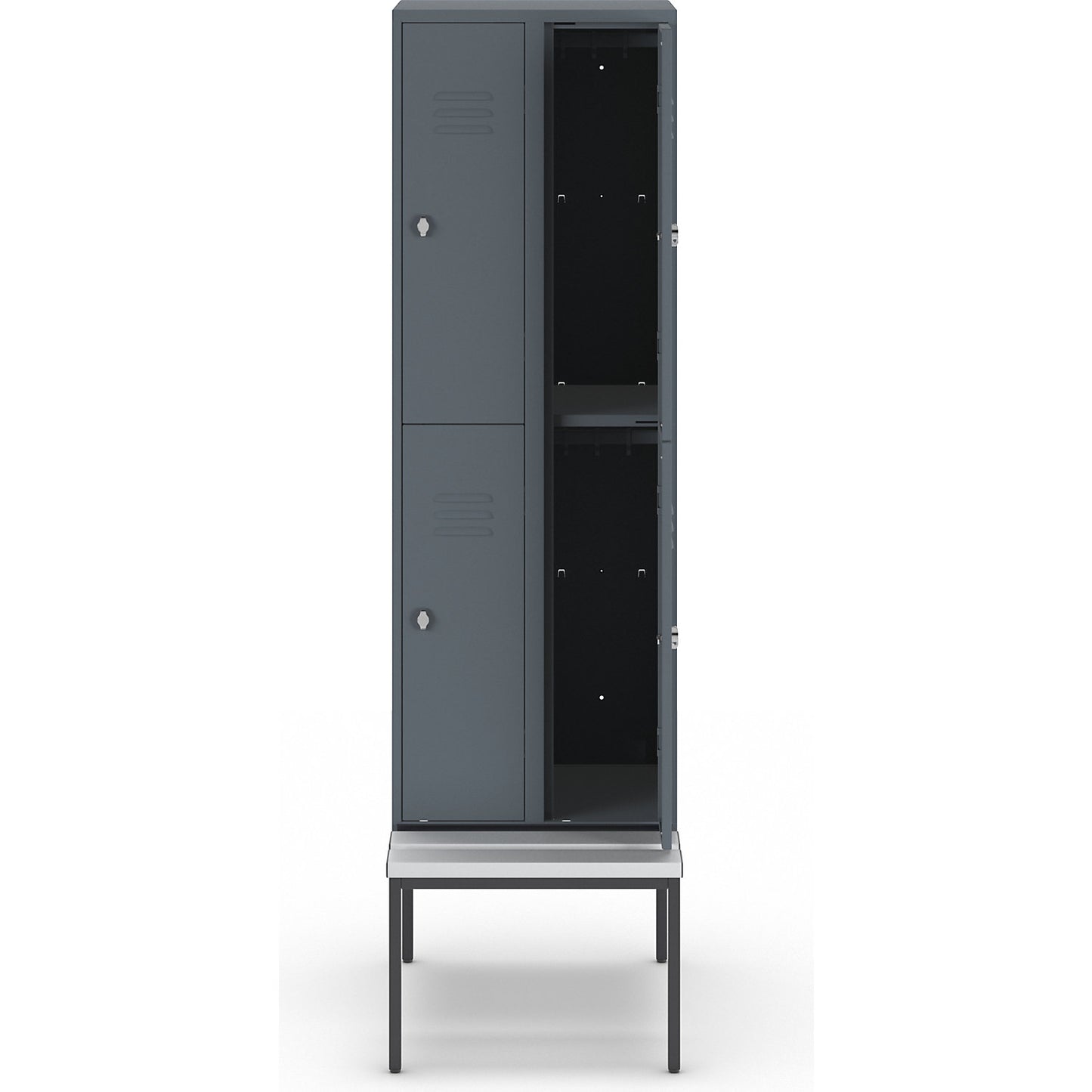 Berlin 2 double deck clothes locker with bench seat, 2 sections, blue grey, width 600 mm, 4 compartments.