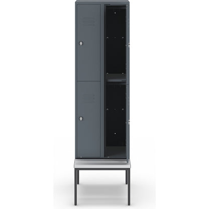 Berlin 2 double deck clothes locker with bench seat, 2 sections, blue grey, width 600 mm, 4 compartments.