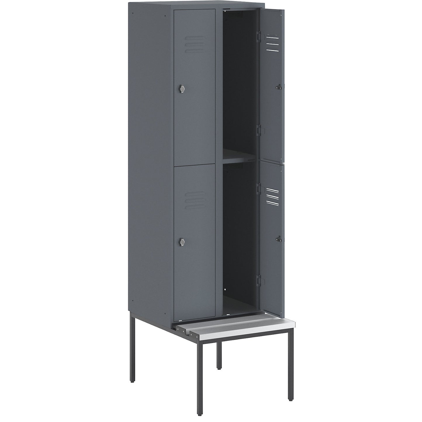 Berlin 2 double deck clothes locker with bench seat, 2 sections, blue grey, width 600 mm, 4 compartments.